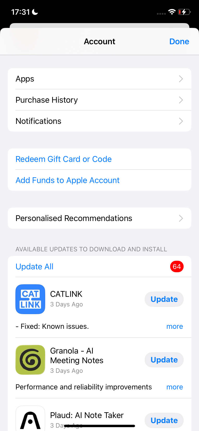 App Store Account sheet with Redeem Gift Card or Code highlighted