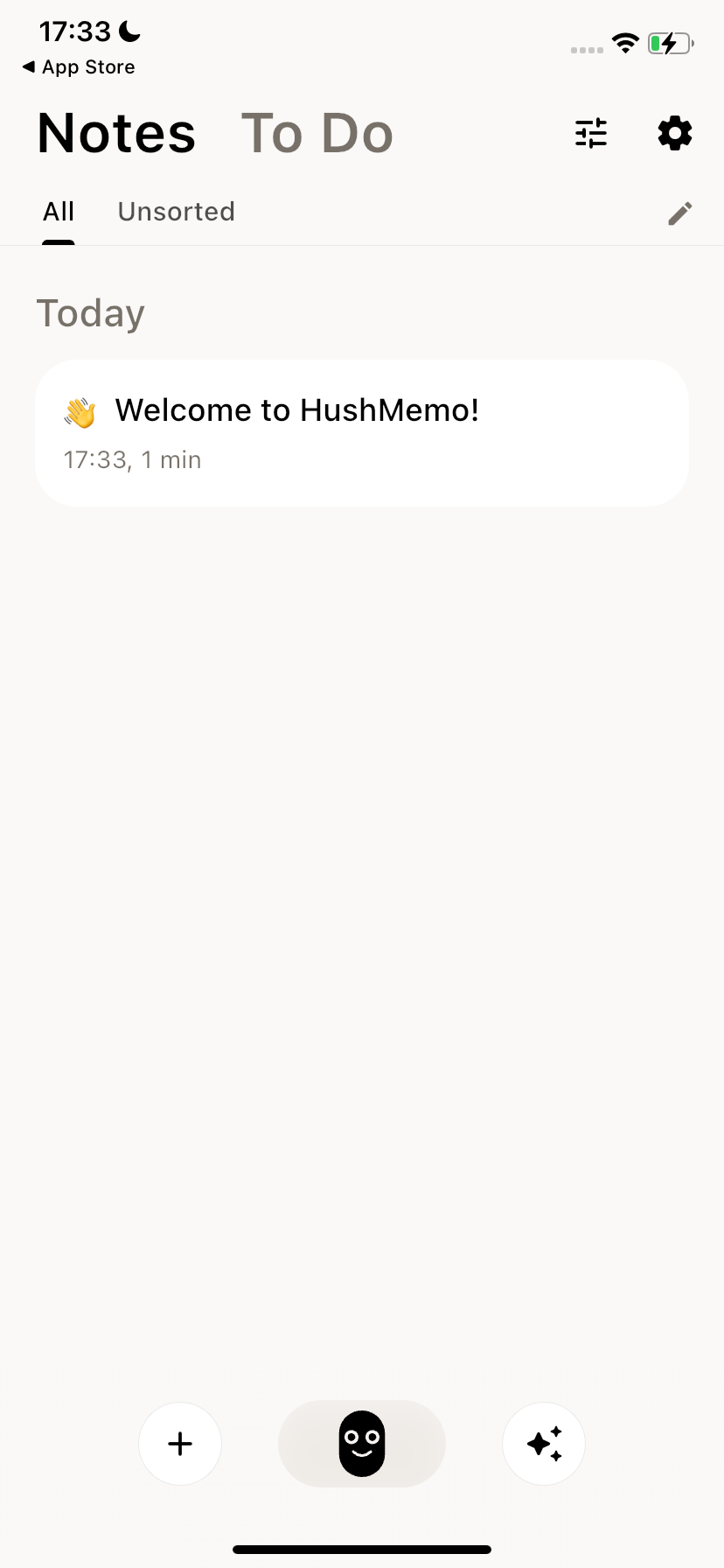 HushMemo Notes screen showing the first welcome note
