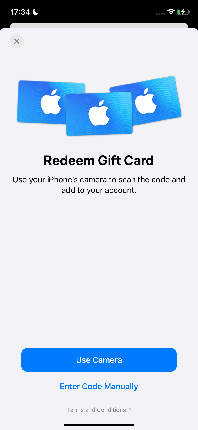 App Store screen with Use Camera and Enter Code Manually options